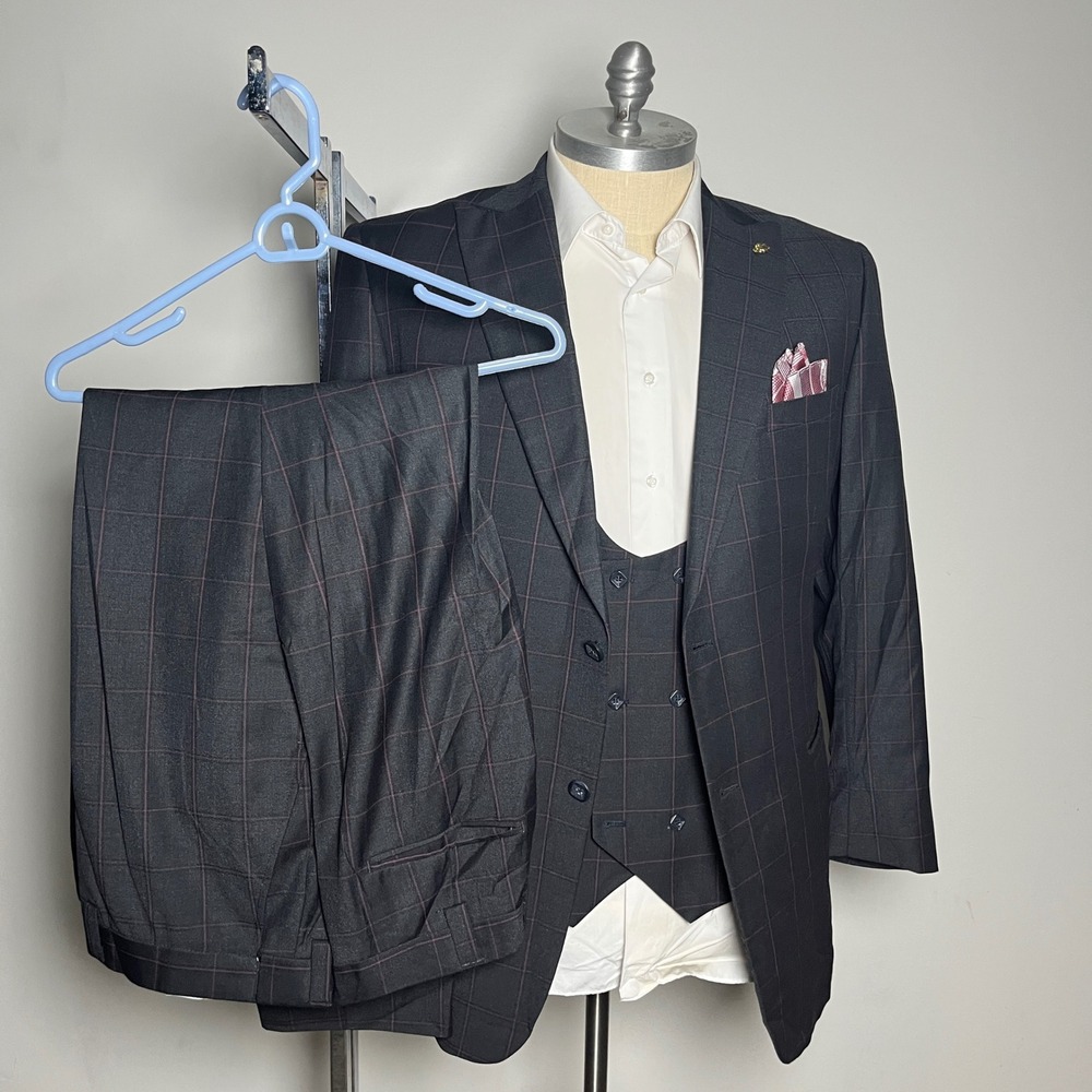 Falcone 3-Piece Suit Mens 42R 40W Charcoal Grey Windowpane Vest Two-Button